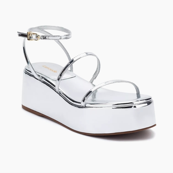 Larroude Silver Metallic Platform Sandals with Ankle Strap